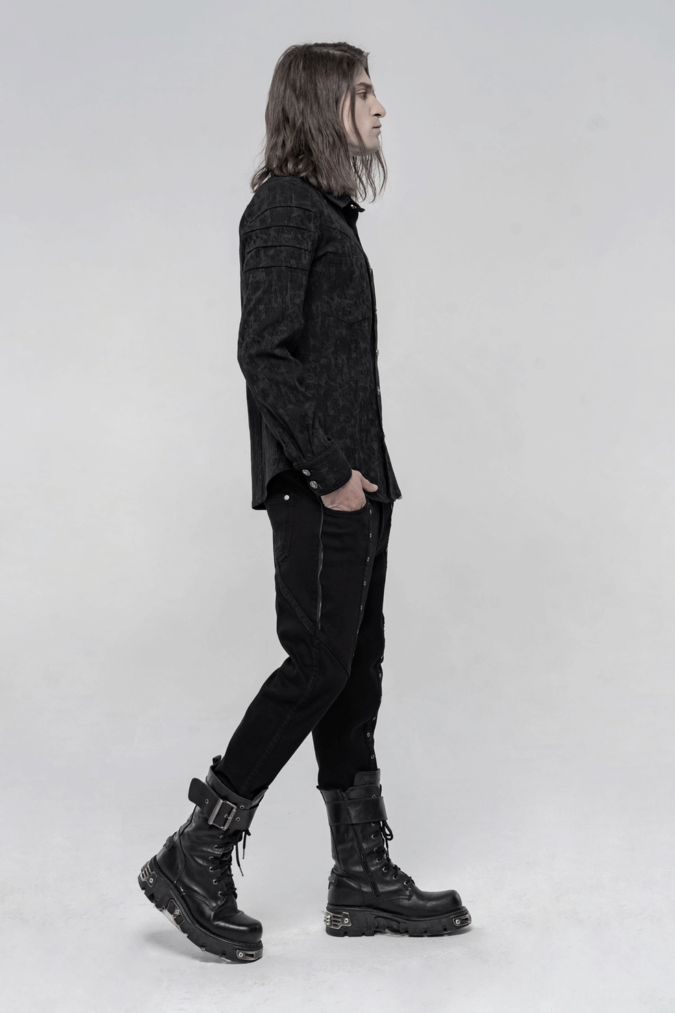 Black gothic shirt with skull button detail - alternative angle showing layering versatility and drape