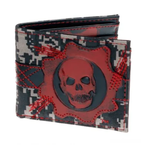 Gothic skull camo bifold wallet half-opened front three-quarter view showing embossed red skull gear motif and red contrast stitching on PU leather