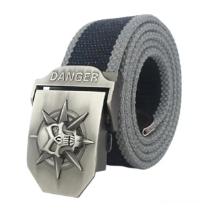 Gothic skull canvas belt with grey striped webbing and DANGER embossed metal buckle - punk rock accessories for men and women