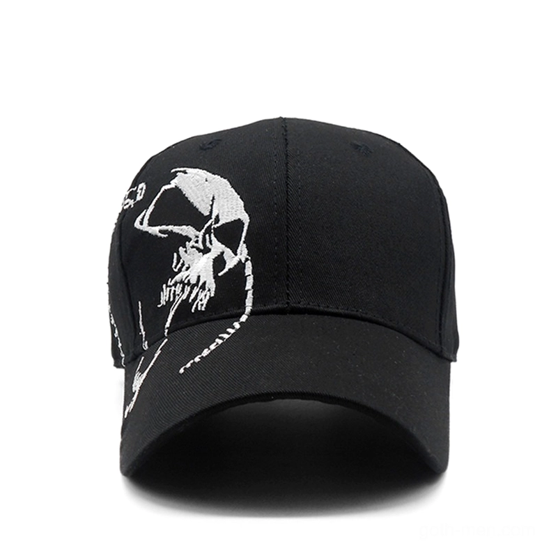Black gothic skull baseball cap front-facing embroidered design, direct view of skull motif centerpiece