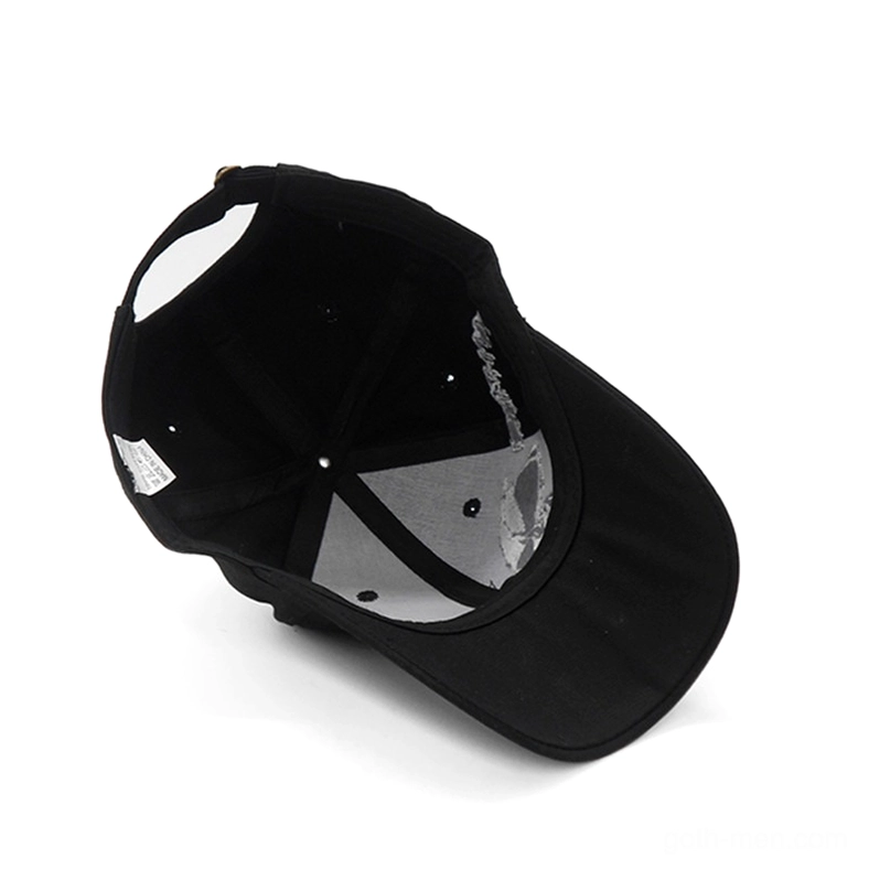 Interior underside view of black gothic skull cap showing quality stitching and inner reinforcement