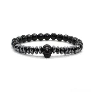 Black single stone bead bracelet with faceted metal beads and black skull charm, gothic unisex jewelry