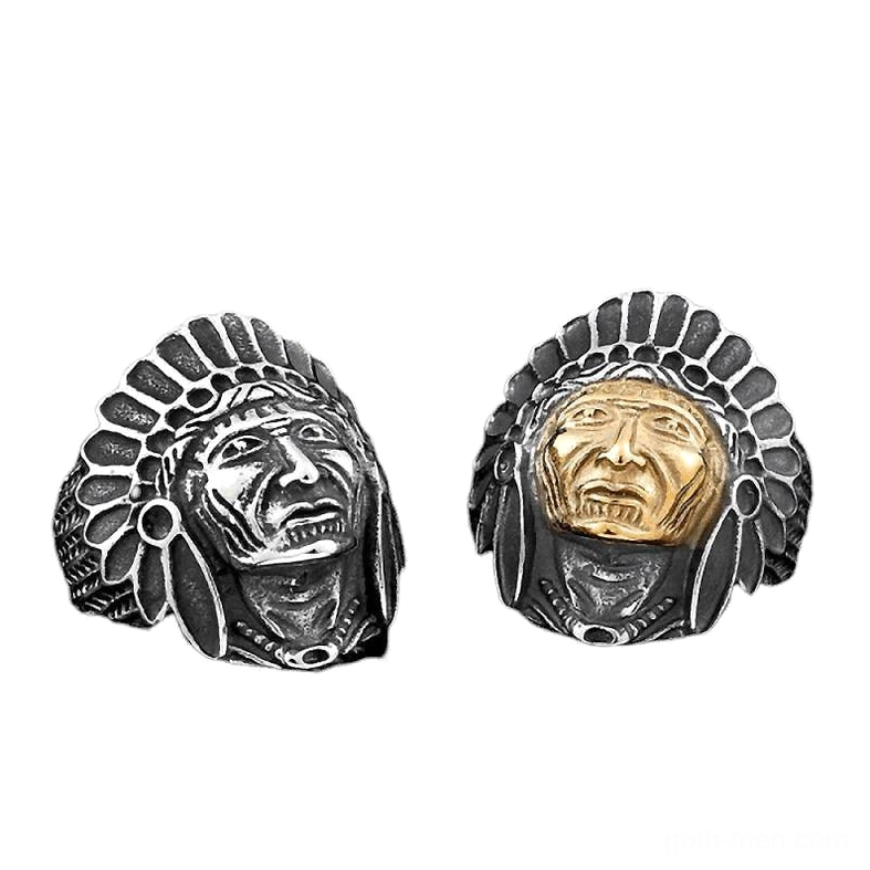 Pair of gothic skull chief rings in vintage silver finish, flat front view showing detailed carving