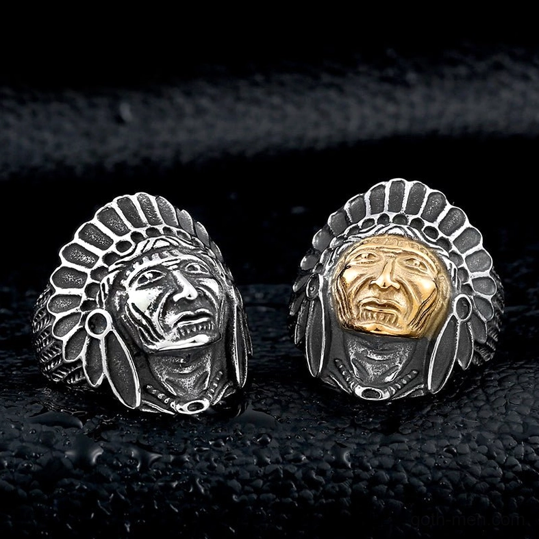 Two gothic skull chief rings showcasing silver and two-tone finishes, flat front comparison view