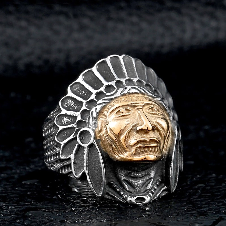 Dark gothic skull chief ring with tribal headdress design in gold-tone, three-quarter front detail shot