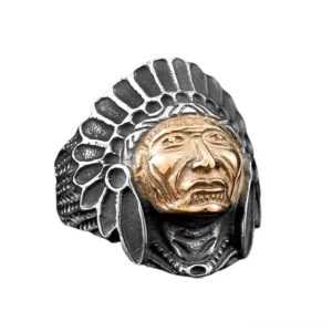 Gothic tribal skull chief ring with feathered headdress crown, stainless steel three-quarter front view