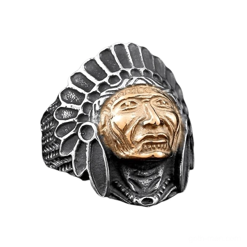 Gothic tribal skull chief ring with feathered headdress crown, stainless steel three-quarter front view