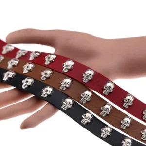 Black leather skull studded gothic choker necklace close-up detail view showing zinc alloy skull embellishments held in hand
