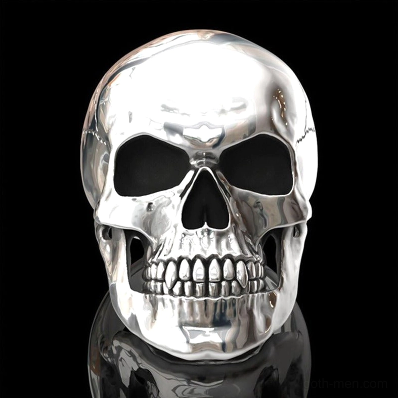 High-polished silver skull gothic ring front view on black background showing realistic skull carving details