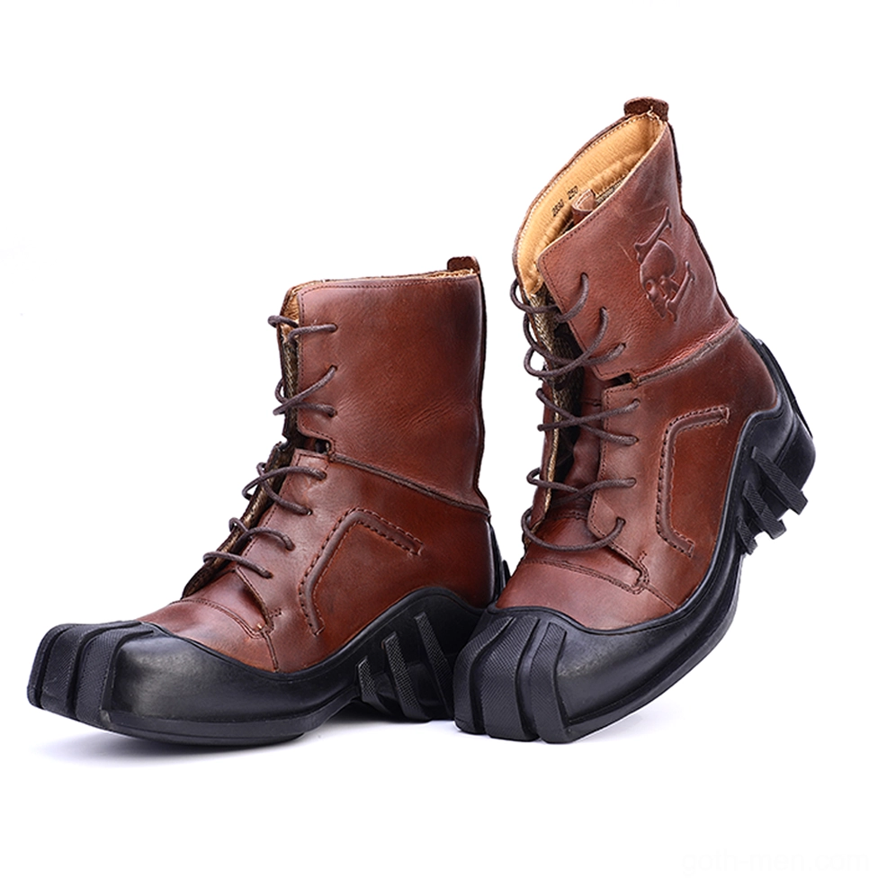 Pair of brown leather gothic combat boots tilted side view showing skull emboss on vamp and heavy-duty sole