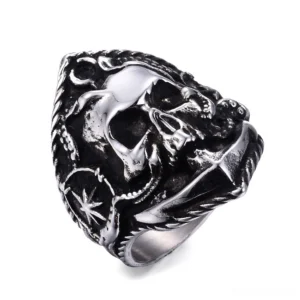 Vintage gothic skull compass ring with anchor and octopus tentacle details, antique silver finish, top oblique view