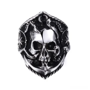 Distressed silver gothic skull compass biker ring with marine motifs, front top angle view