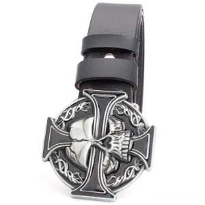 Skull cross buckle belt front view, black split leather with detailed metal skull cross hardware