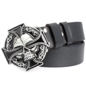 Gothic skull cross leather belt with metal buckle, black with Celtic knot trim details, top-down oblique view