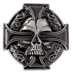 Gothic skull and cross metal belt buckle with black enamel cross and Celtic trim embossed silver design front view