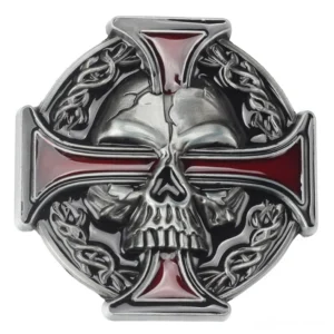 Punk metal belt buckle featuring 3D skull with red enamel cross and silver finish main product view