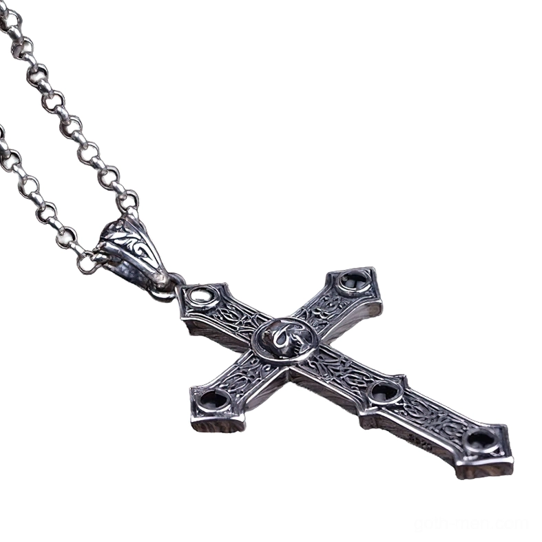 Right side angle view of 925 silver skull cross gothic pendant with cable chain showing depth and dimensional carving