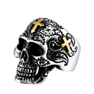 Vintage gothic skull ring with cross and engraved retro flowers, distressed silver finish with gold accents, biker jewelry statement piece