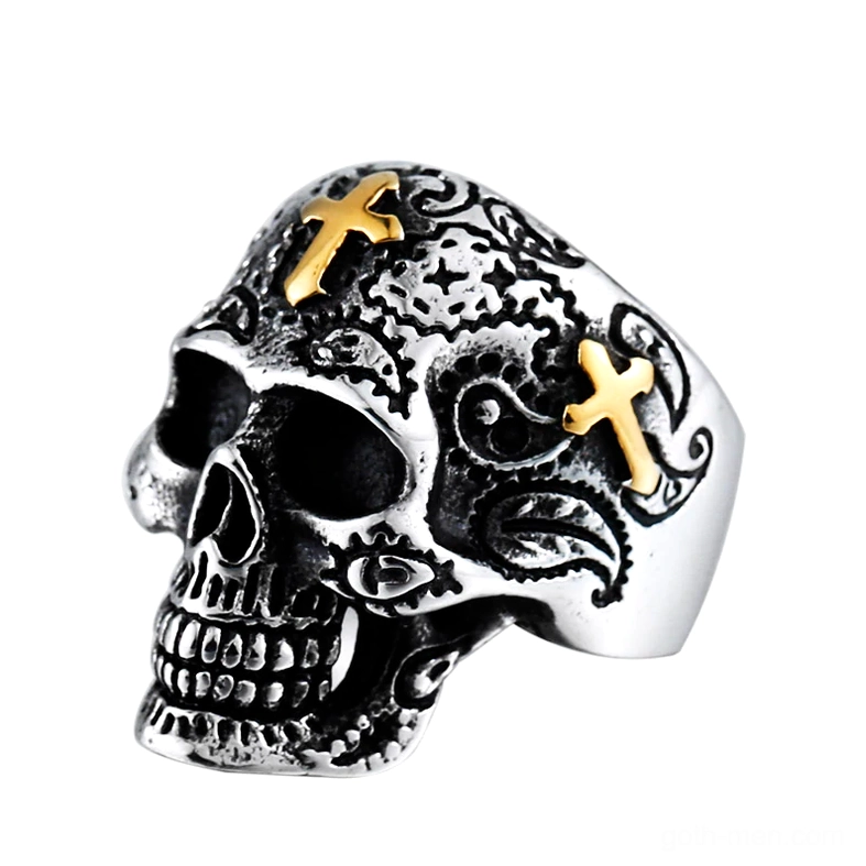 Vintage gothic skull ring with cross and engraved retro flowers, distressed silver finish with gold accents, biker jewelry statement piece