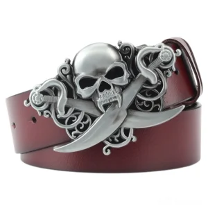 Gothic skull and cross swords metal buckle on genuine leather belt, burgundy cowskin with vintage silver hardware, front view detail