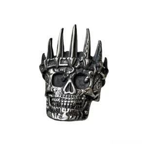 Gothic nobility skull crown ring front direct view showcasing spiked royal crown on detailed skeleton skull design stainless steel