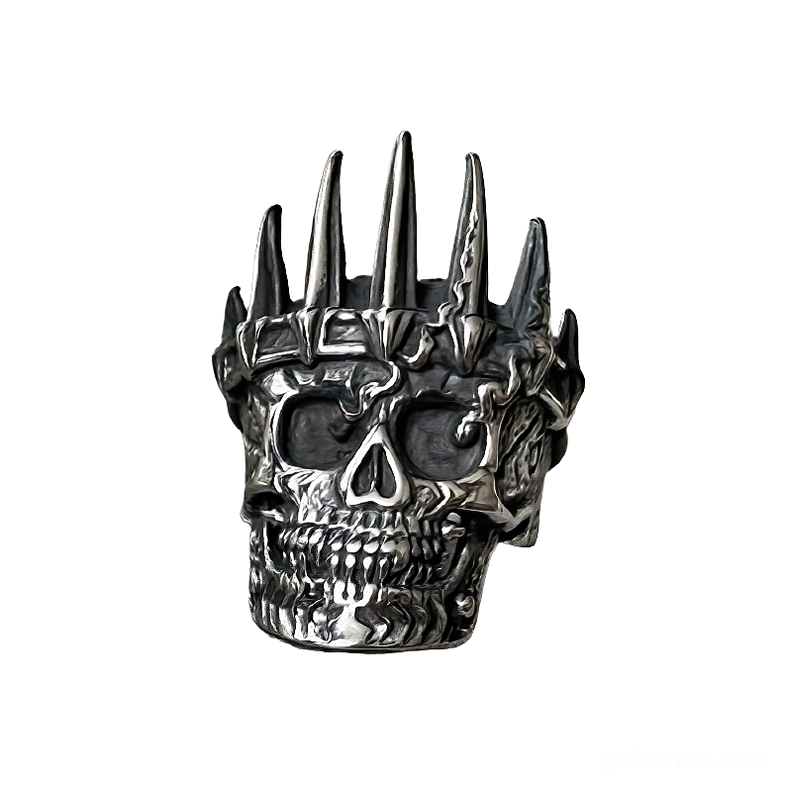 Gothic nobility skull crown ring front direct view showcasing spiked royal crown on detailed skeleton skull design stainless steel