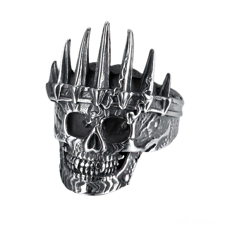 Regal skull crown ring stainless steel gothic statement jewelry left front oblique view with aged silver finish and intricate carved details