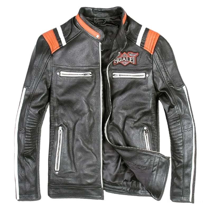 Black leather motorcycle biker jacket with skull chief embroidery and orange-white shoulder trims back perspective
