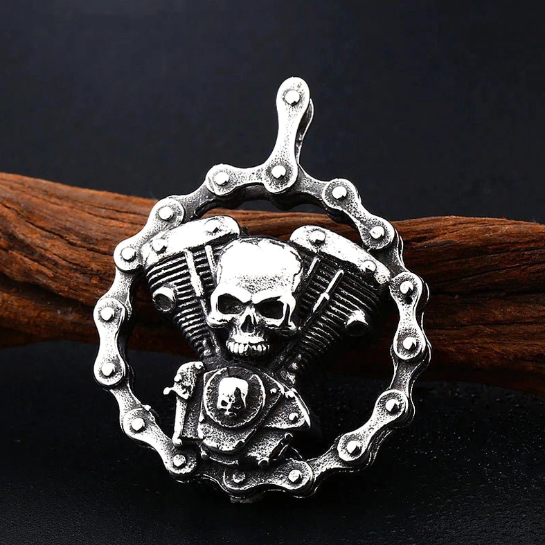Gothic skull motorcycle engine pendant necklace stainless steel craftsmanship