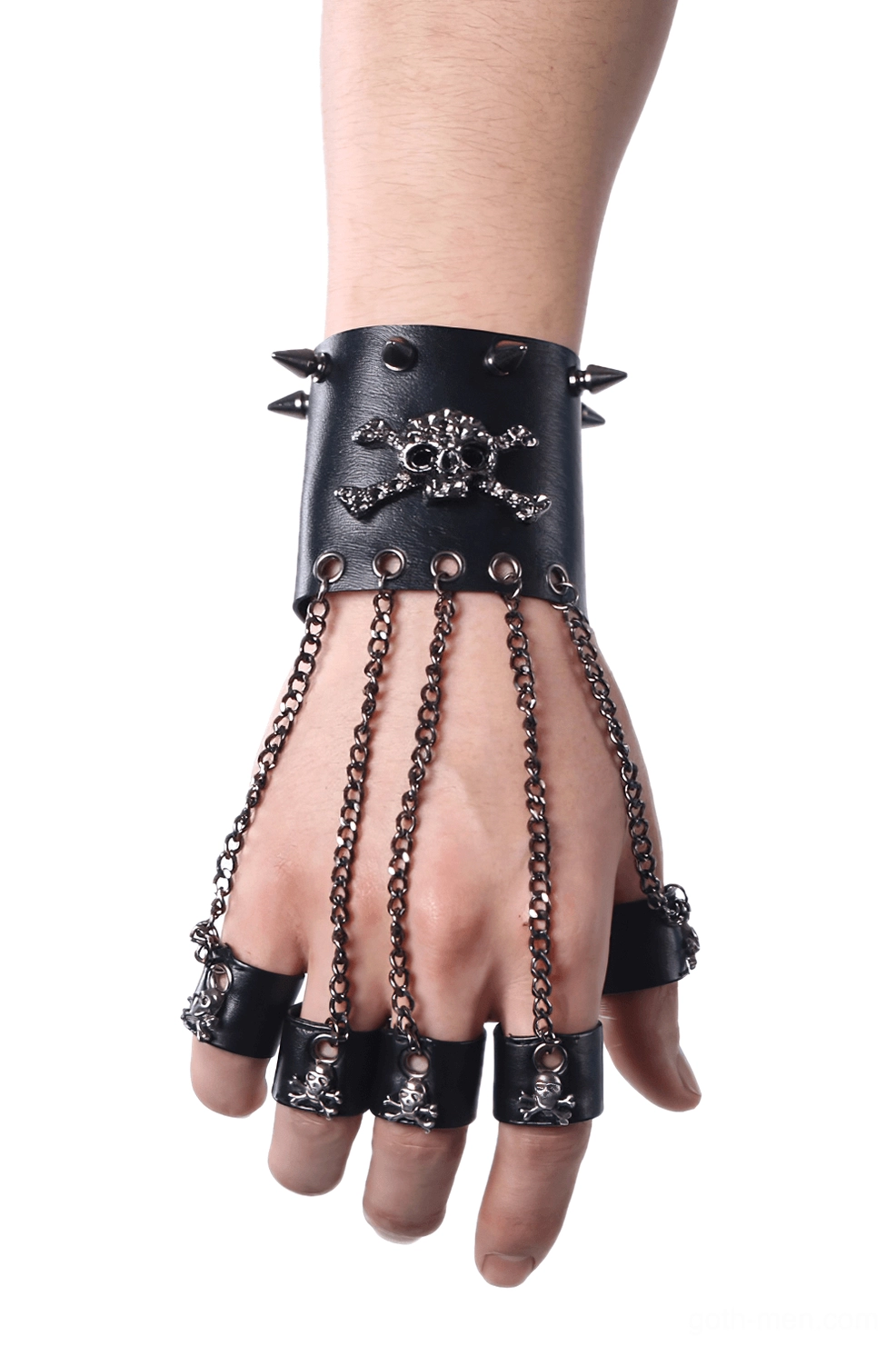 Black gothic skull fingerless leather gloves for men front view, featuring metal chains and spiked skull details
