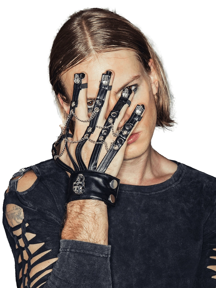 Gothic punk half-finger skull leather glove for men - front close-up view on male model wearing dark alternative fashion