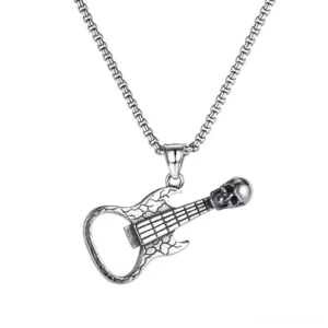 Gothic skull guitar pendant necklace stainless steel silver close-up front view