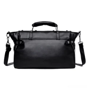 Black gothic leather handbag rear view showing solid construction and detachable shoulder strap mechanism