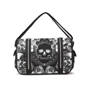 Gothic shoulder handbag flat lay with skull pentagram pentagram design, front view displaying top carry strap and closure