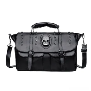Gothic black skull leather shoulder handbag front view with pebbled PU leather texture and rivet embellishments