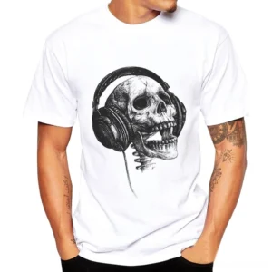 Male model wearing skull and headphones gothic graphic tee in white, casual outdoor setting with natural lighting