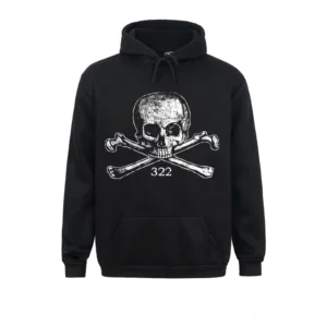 Black oversized gothic skull hoodie with white skull and crossbones print, flat lay front view