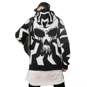 Black and white skull knit hoodie back view showing large-scale skull graphic on male model