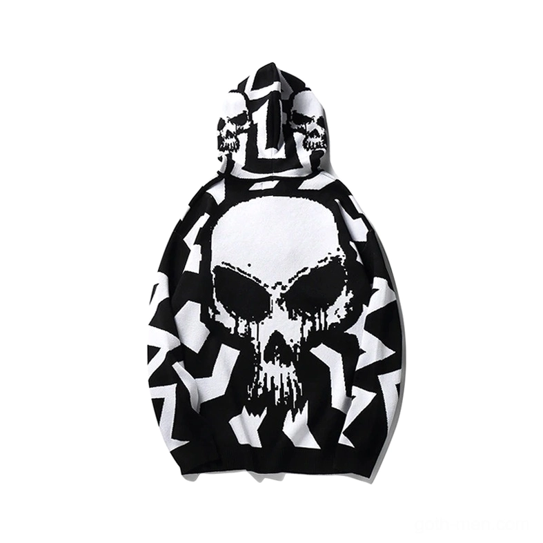 Black and white skull print gothic hoodie back flat lay large-scale skull graphic pattern