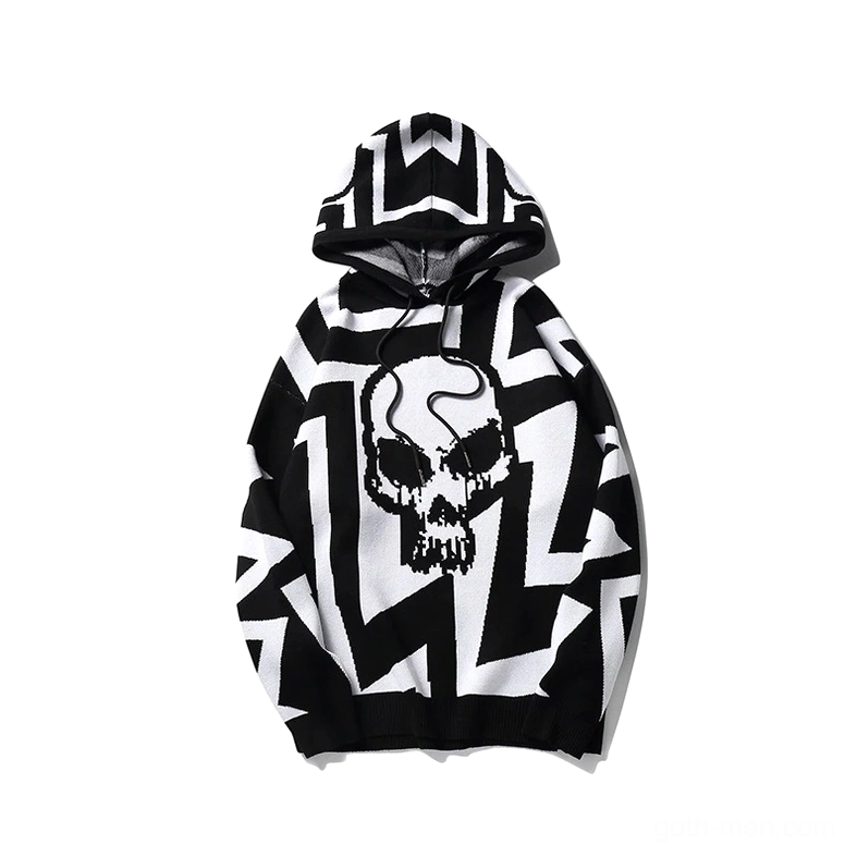 Black and white dripping skull print gothic hoodie flat lay front with drawstring hood