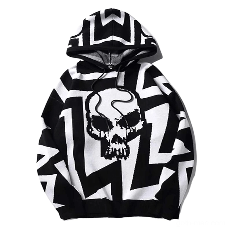 Black and white oversized gothic skull print knit hoodie dark aesthetic streetwear style