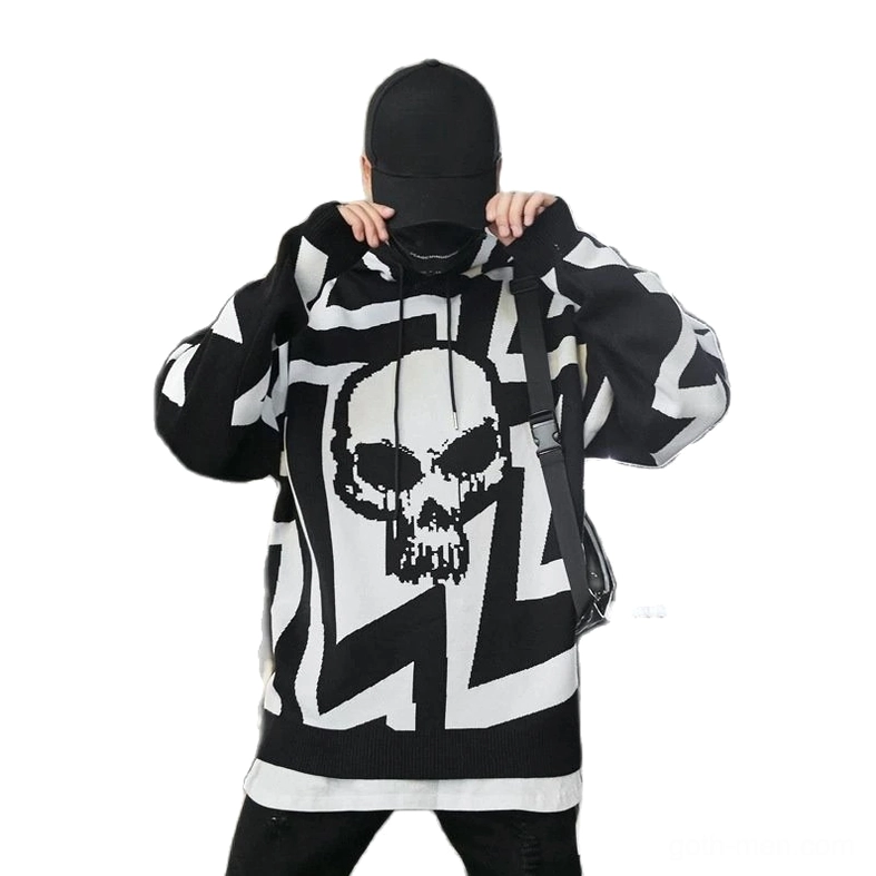 Black and white dripping skull print oversized gothic hoodie front geometric design detail