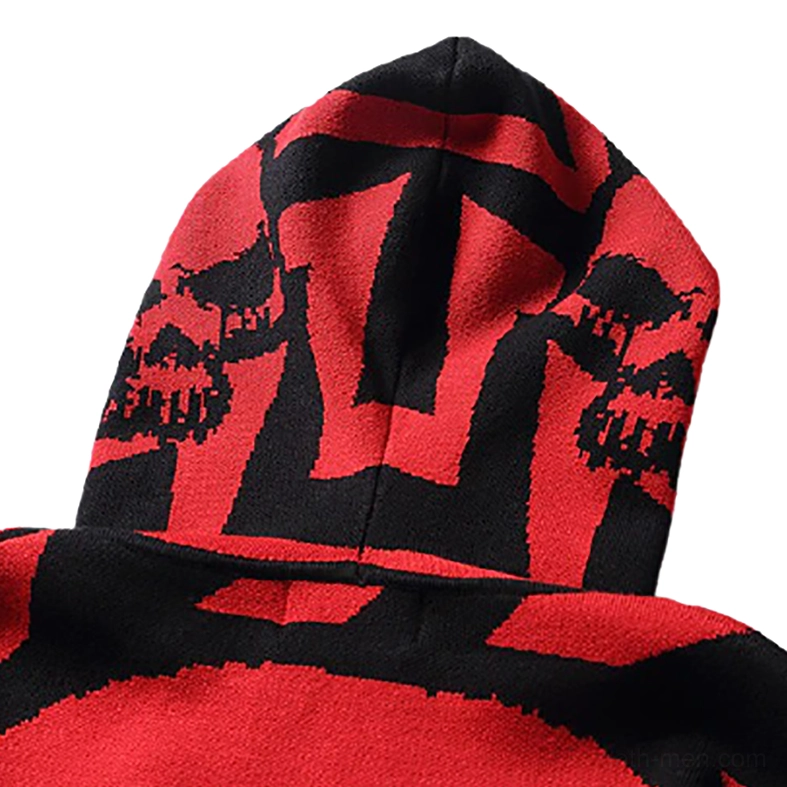 Oversized gothic skull knit hoodie close-up drawstring collar red inner lining detail