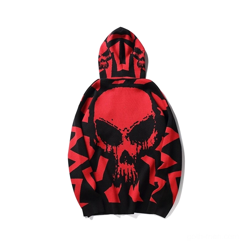 Red and black gothic skull hoodie back flat lay large-scale skull print geometric color block