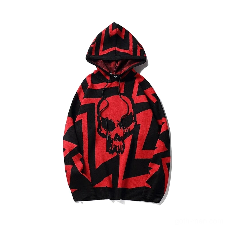 Red and black skull print gothic hoodie flat lay front view drawstring hood detail