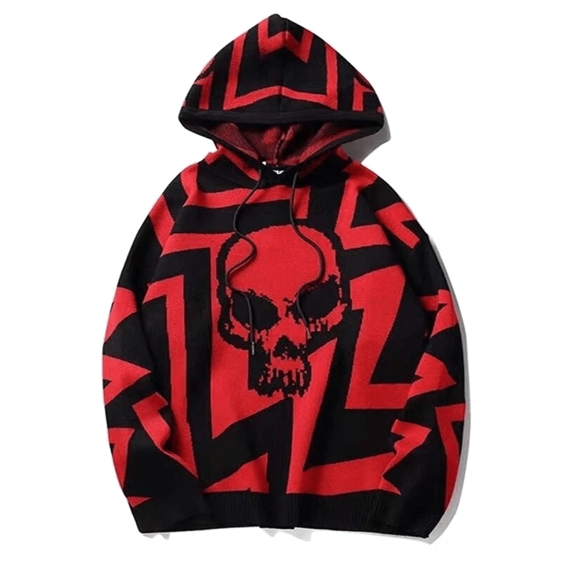 Red and black geometric skull print oversized gothic knit hoodie with drawstring hood