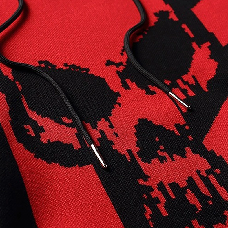 Red and black oversized skull print gothic hoodie styling detail geometric color blocking