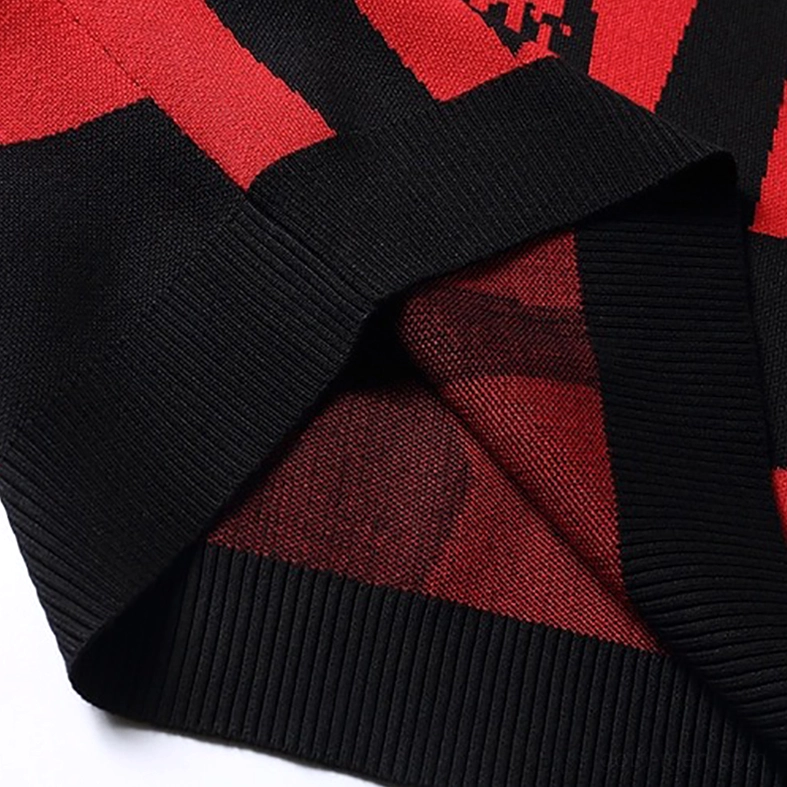 Oversized gothic skull knit hoodie side view silhouette red and black colorway