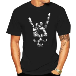 Gothic skull horns hand sign black cotton t-shirt worn by tattooed male model, front view with white etched rock graphic