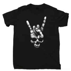 Black gothic skull hand sign t-shirt flat lay display, full product view of premium cotton tee